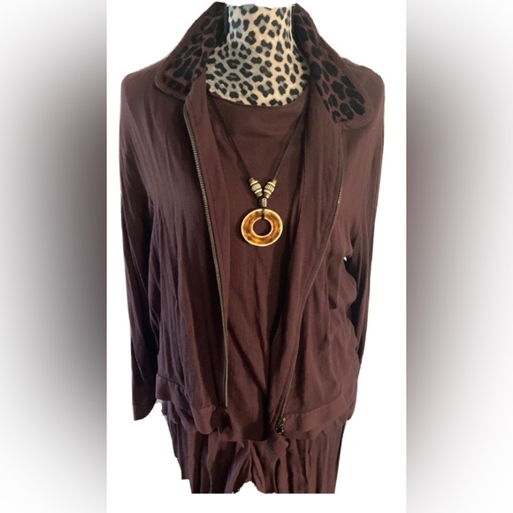CM Shapes 3 pieces set women M blouse pants &cardigan brown collared cheetah zip - Picture 6 of 12
